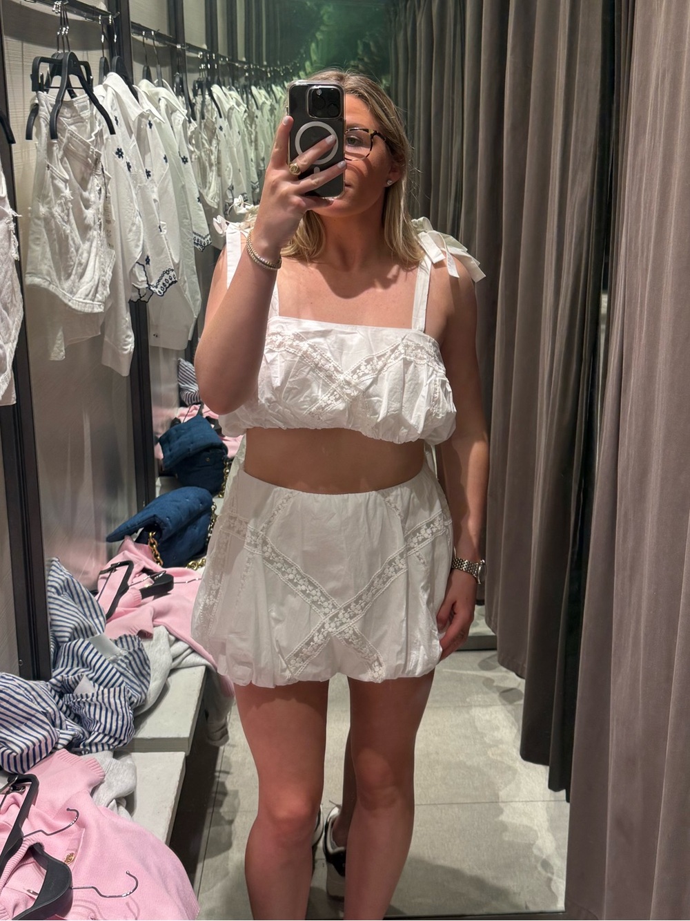 White Eyelit Zara Cropped Skirt and Top Set